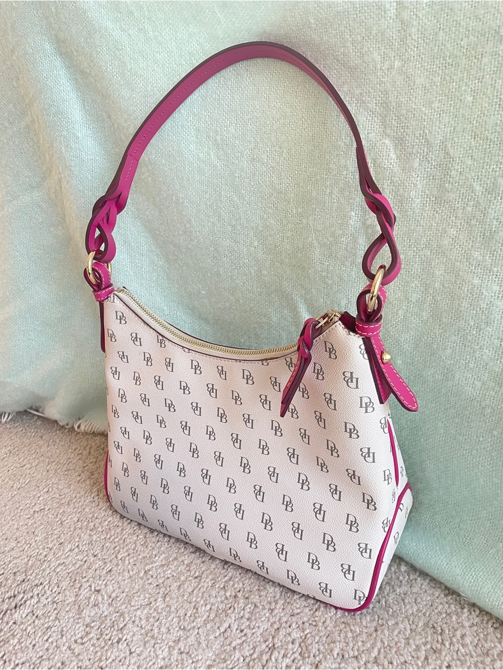 Dooney Bourke White Monogram Shoulder Bag with Pink Trim - Gretta Twist Strap - Picture 8 of 17